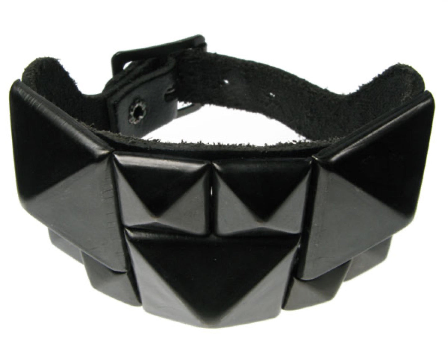 WB127 3 Row width with Large Black Pyramid and Black Pyramids Leather Wristband - Black