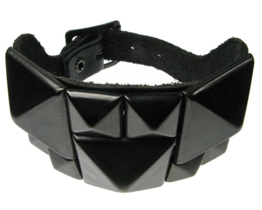 WB127 3 Row width with Large Black Pyramid and Black Pyramids Leather Wristband - Black