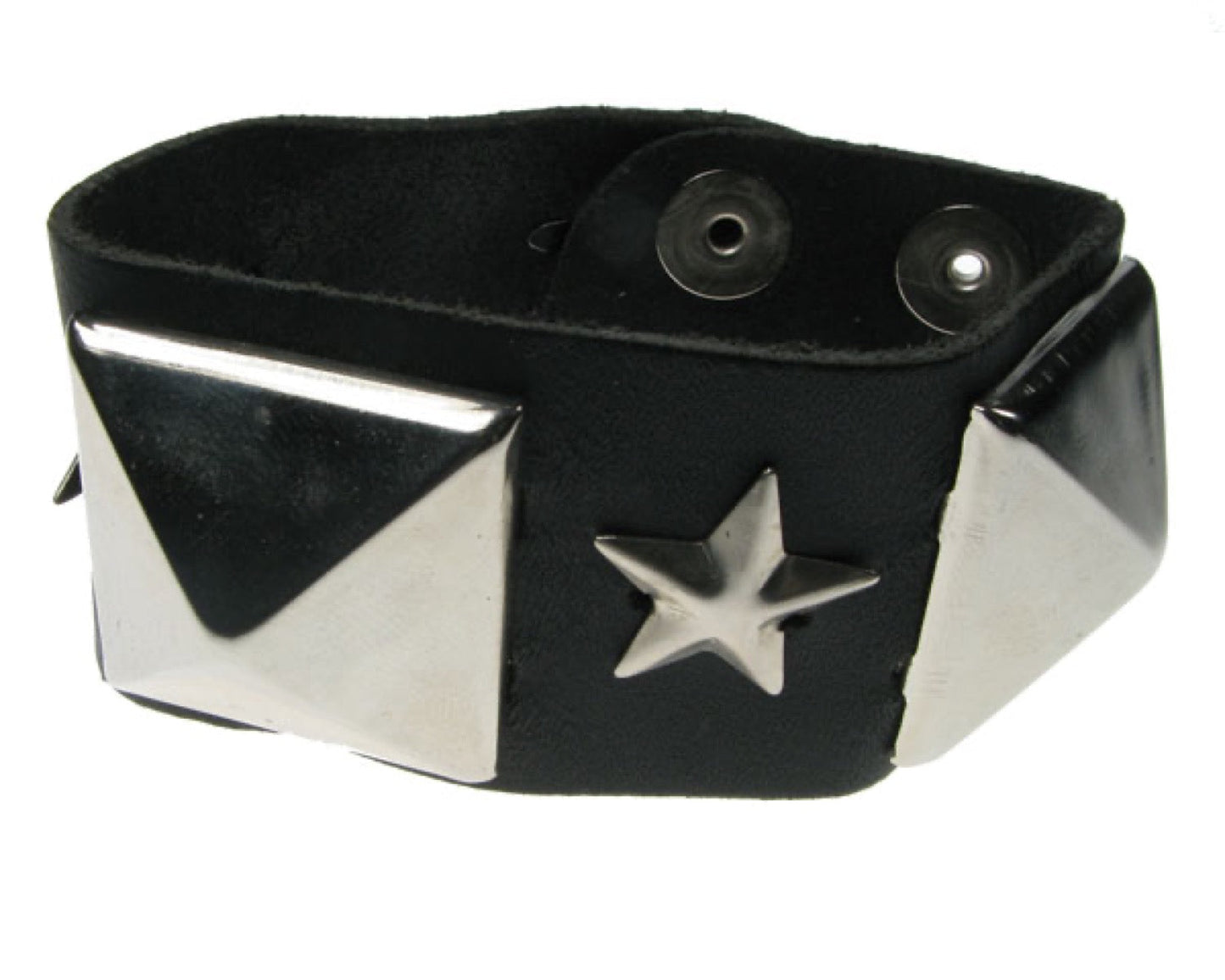 WB128 2 Row width Large Pyramid and Star Leather Wristband - Black  Buttoned
