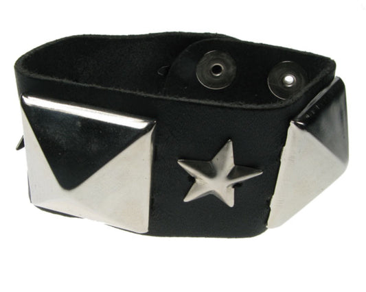 WB128 2 Row width Large Pyramid and Star Leather Wristband - Black  Buttoned