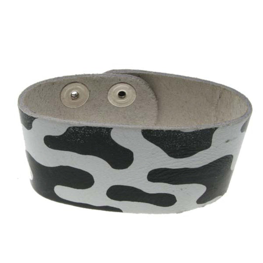 WB132C 2 Row Camouflage White/Black Print Leather Wristband Buttoned - Black