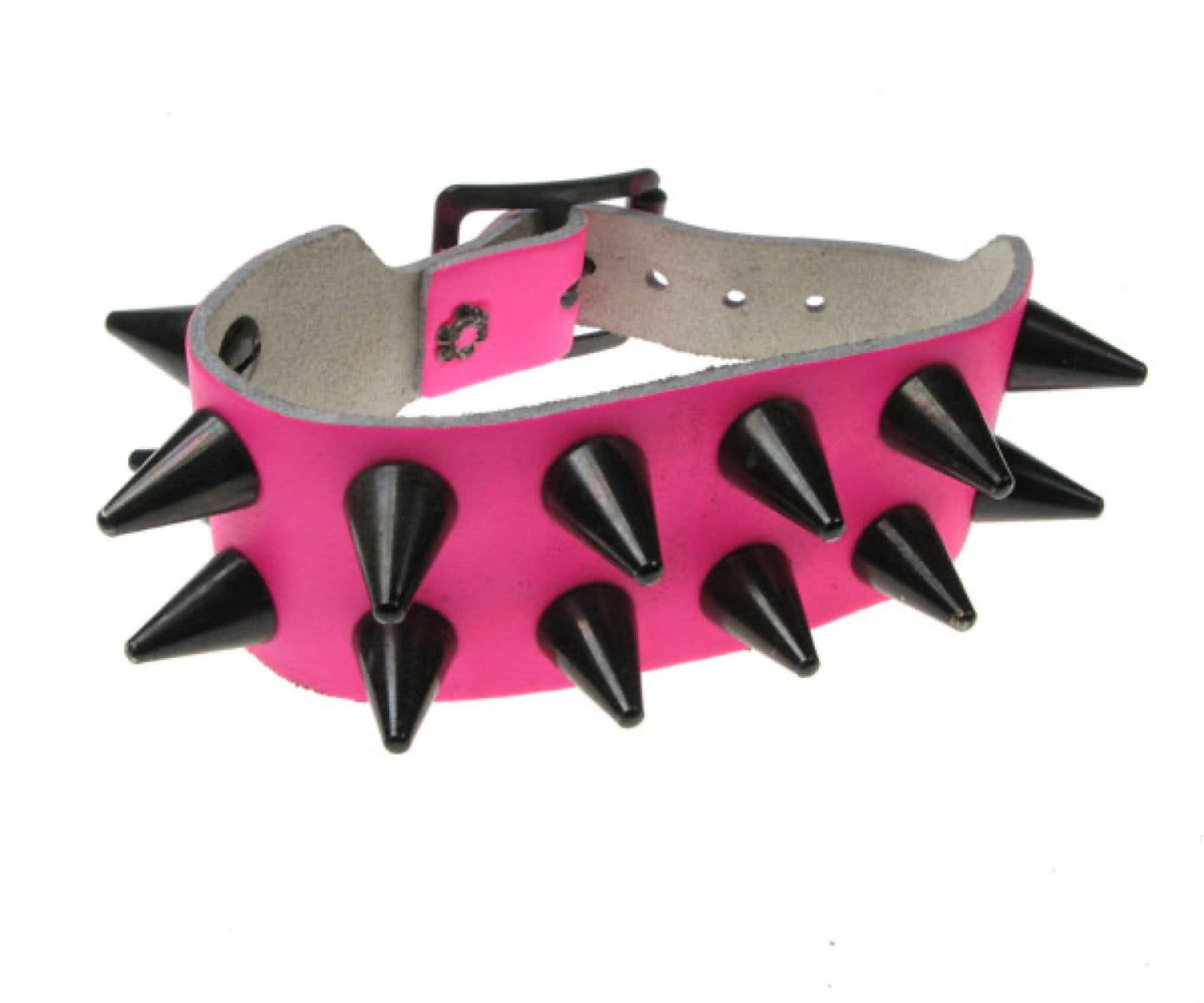 WB133 2 Row Small Black Cone Spike Leather Wristband - F.Pink