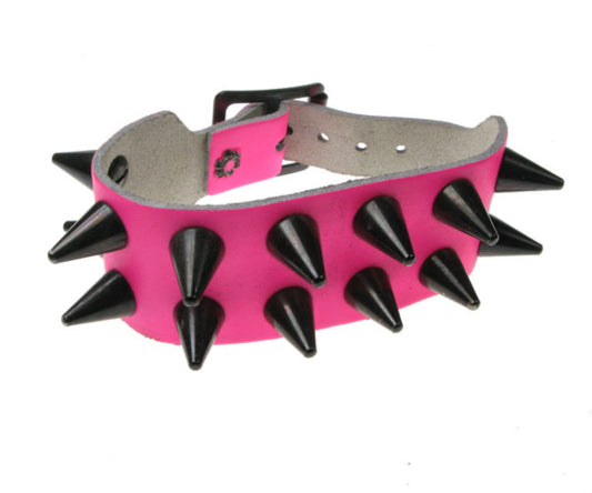 WB133 2 Row Small Black Cone Spike Leather Wristband - F.Pink
