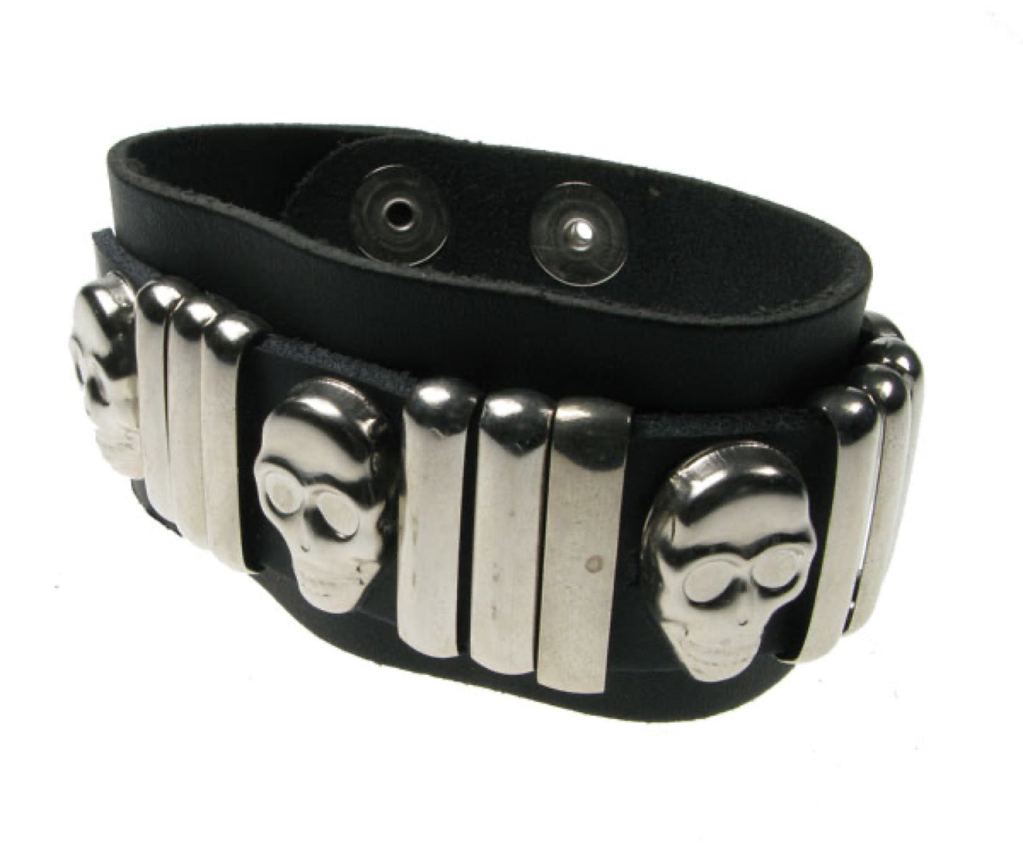 WB134 2 Row width Skull and Bars Leather Wristband - Black  Buttoned