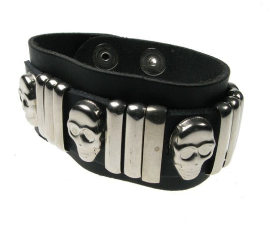 WB134 2 Row width Skull and Bars Leather Wristband - Black  Buttoned