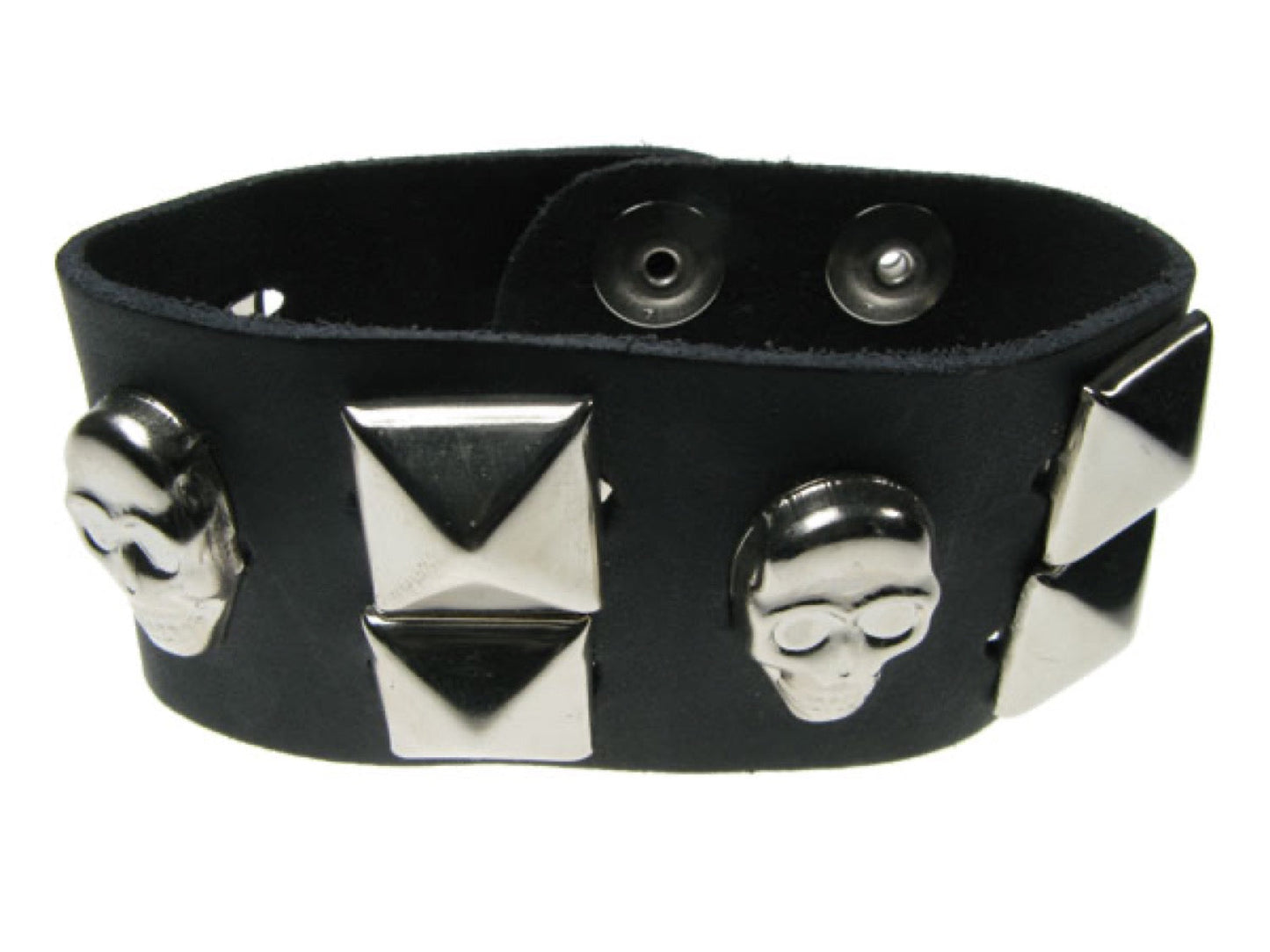 WB135 2 Row width Skull and New Pyramid Leather Wristband - Black  Buttoned