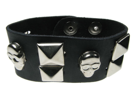WB135 2 Row width Skull and New Pyramid Leather Wristband - Black  Buttoned