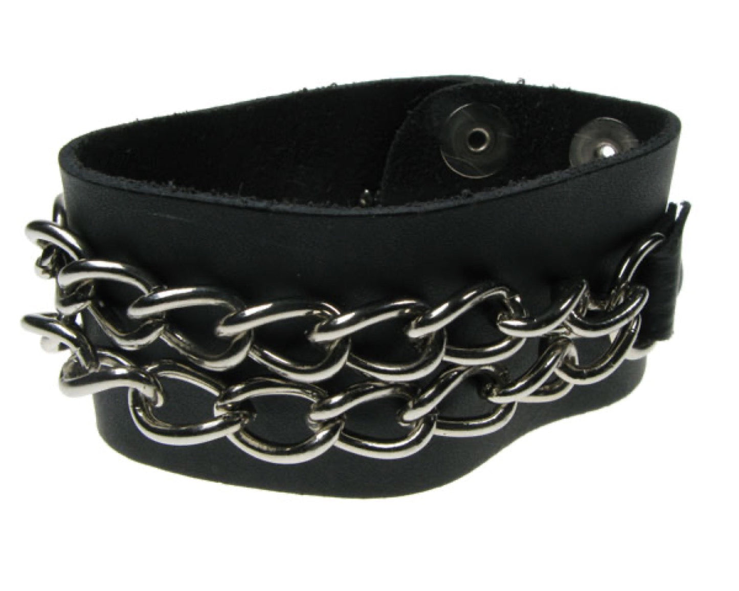 WB136 2 Row width Chain Leather Wristband - Black Buttoned