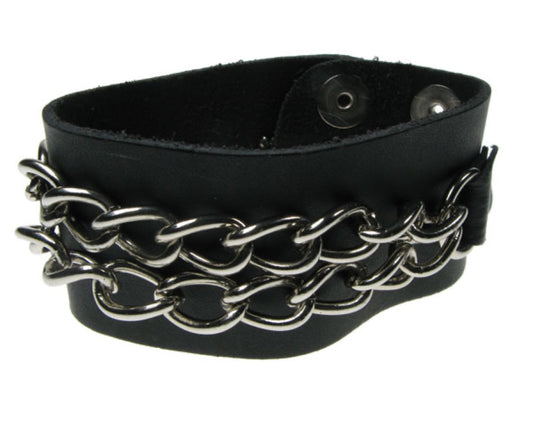 WB136 2 Row width Chain Leather Wristband - Black Buttoned