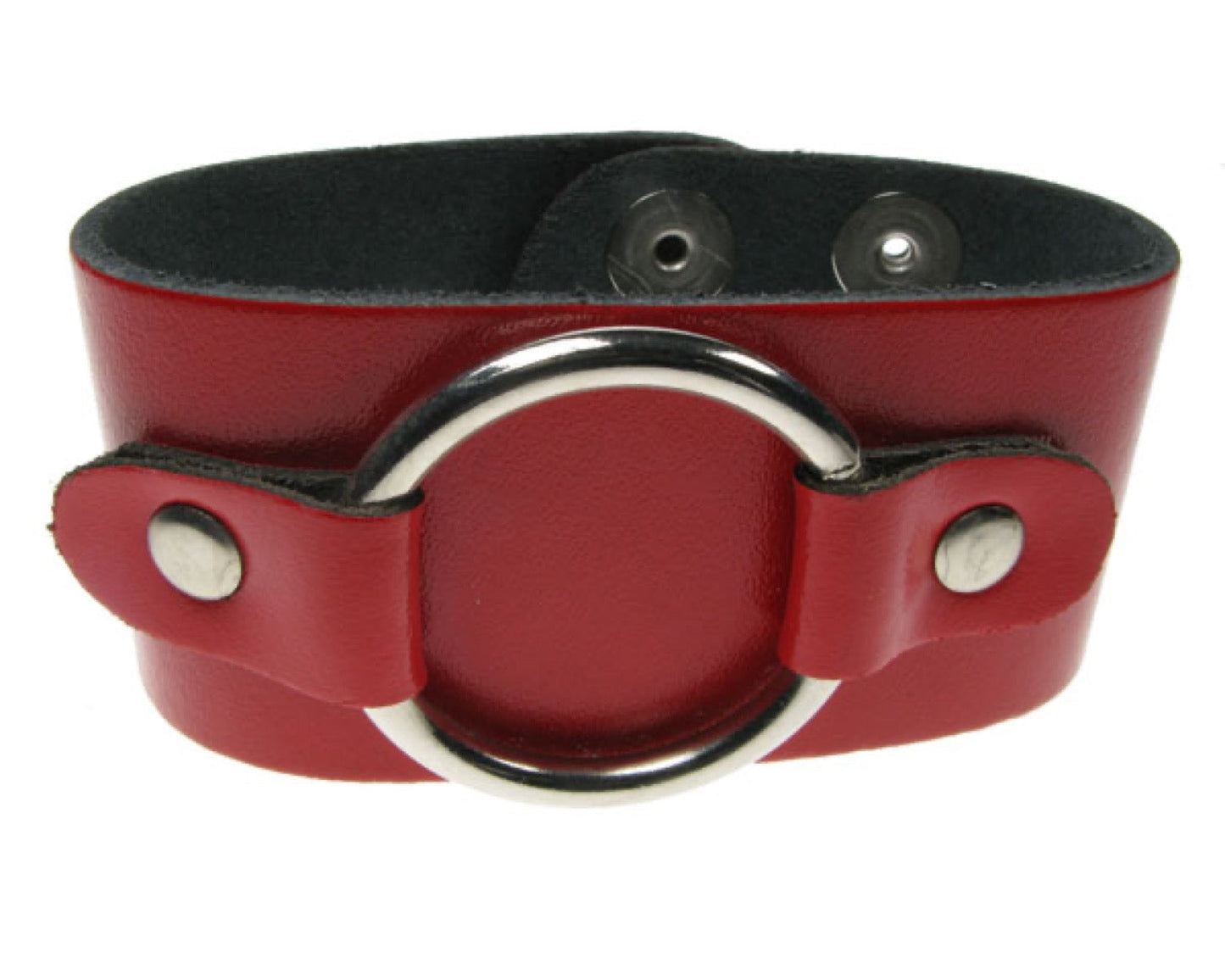 WB137 2 Row width Medium Ring Leather Wristband - Red  Buttoned