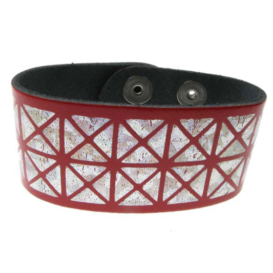 WB138B 2 Row width Metallic Silver Pyramid Print Leather Wristband (Buttoned) - Red