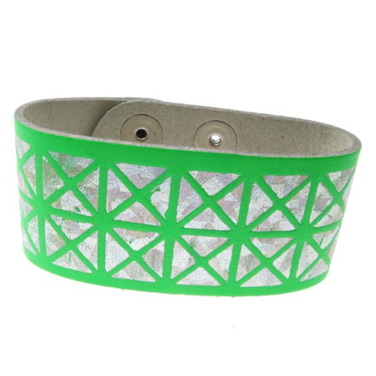 WB138C 2 Row width Metallic Silver Pyramid Print Leather Wristband (Buttoned) - Fluorescent Green