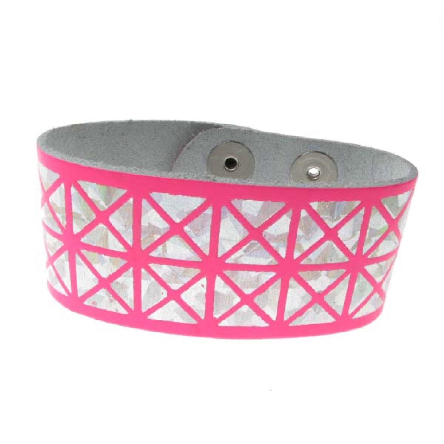 WB138D 2 Row width Metallic Silver Pyramid Print Leather Wristband (Buttoned) - Fluorescent Pink