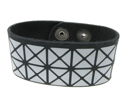 WB142 2 Row width White Pyramid Print Leather Wristband (Buttoned) - Black