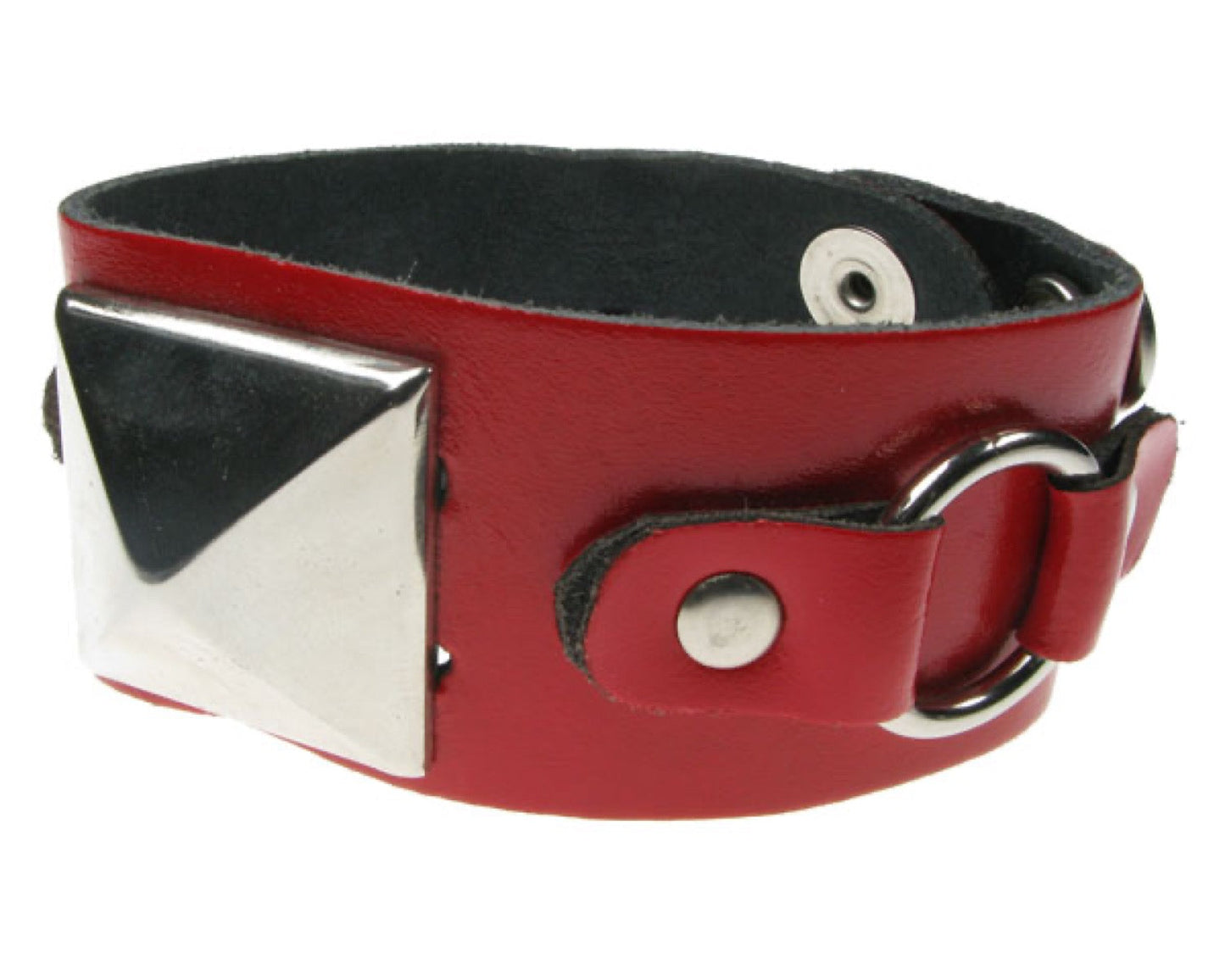 WB143 2 Row width Large Pyramid and Small Ring Leather Wristband - Red Buttoned