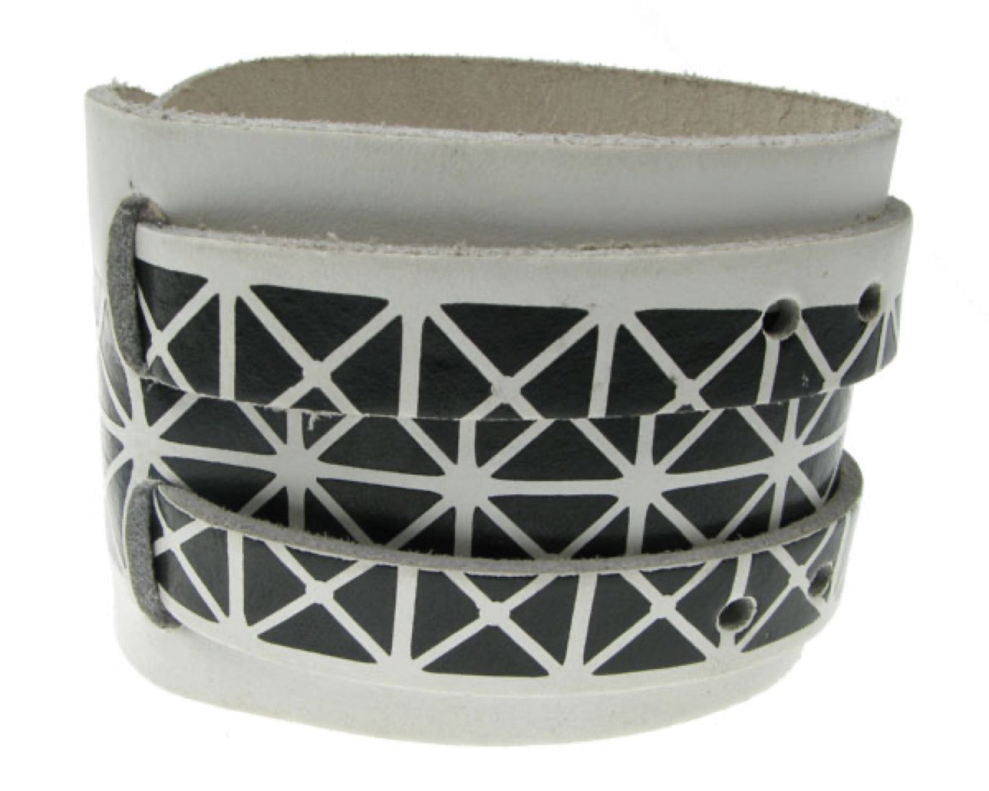 WB144 4 Row width Double Wrap Around Black Pyramid Print Leather Wristband - White