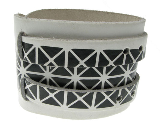 WB144 4 Row width Double Wrap Around Black Pyramid Print Leather Wristband - White