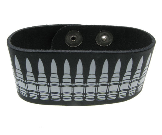 WB147 2 Row Width White Bullet Print Leather Wristband (Buttoned) - Black