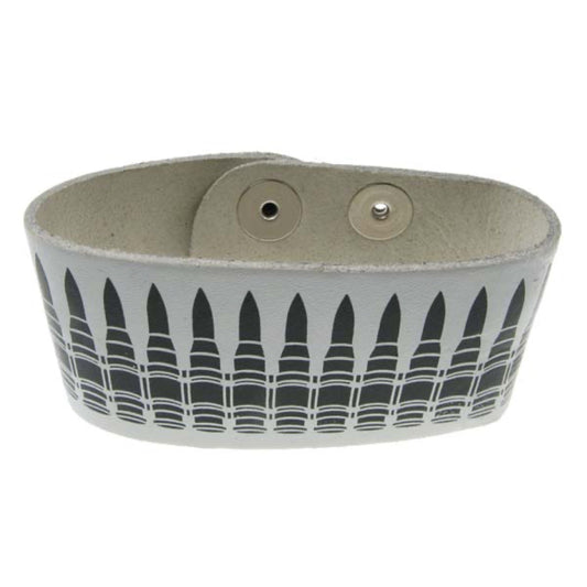 WB147B 2 Row Width Black Bullet Print Leather Wristband (Buttoned) - White