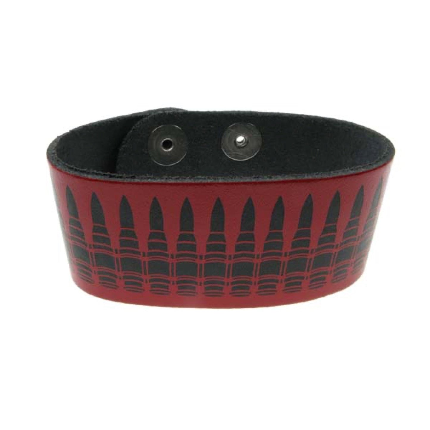 WB147C 2 Row Width Black Bullet Print Leather Wristband (Buttoned) - Red