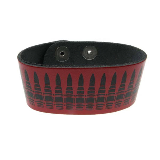 WB147C 2 Row Width Black Bullet Print Leather Wristband (Buttoned) - Red