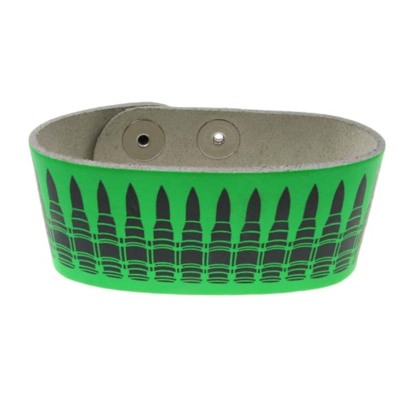 WB147E 2 Row Width Black Bullet Print Leather Wristband (Buttoned) - Fluorescnet Green