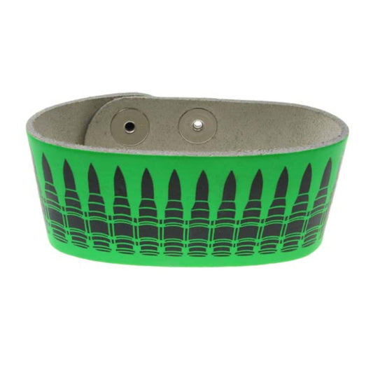 WB147E 2 Row Width Black Bullet Print Leather Wristband (Buttoned) - Fluorescnet Green