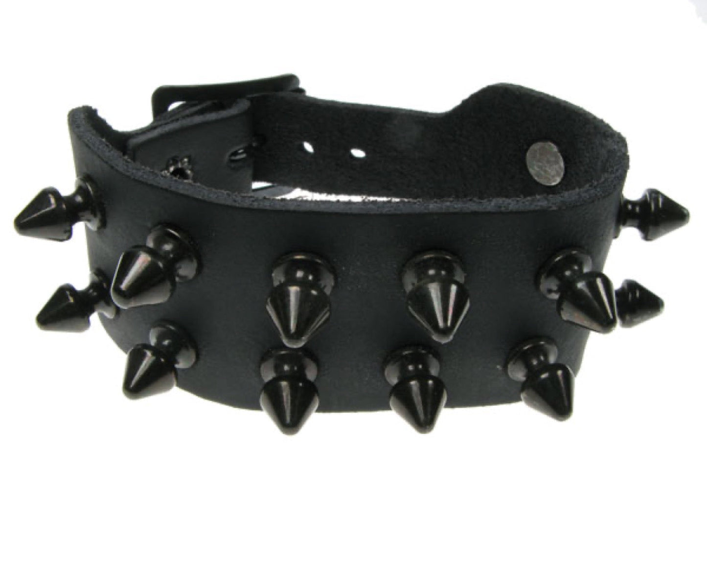 WB149 2 Row Black Spike Leather Wristband - Black