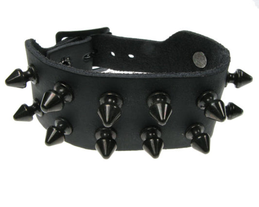 WB149 2 Row Black Spike Leather Wristband - Black