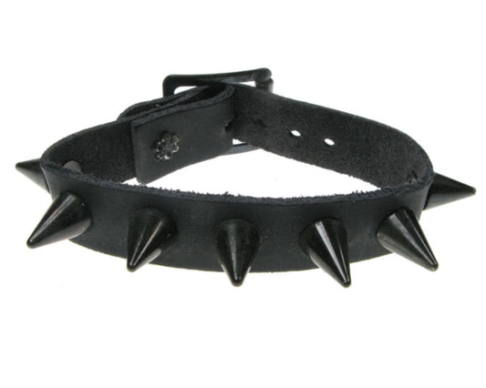 WB151 1 Row Black Cone Spike Leather Wristband - Black