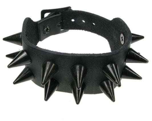 WB152 2 Row Black Cone Spike Leather Wristband - Black