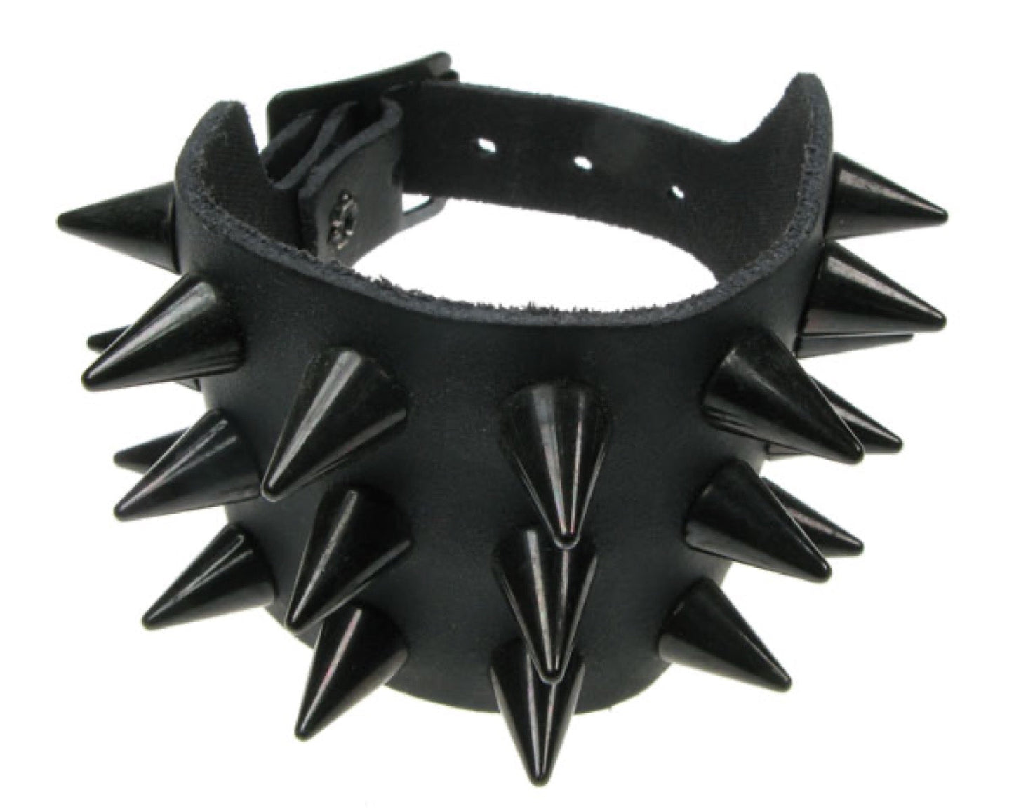 WB153 3 Row Black Cone Spike Leather Wristband - Black