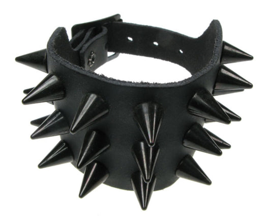 WB153 3 Row Black Cone Spike Leather Wristband - Black