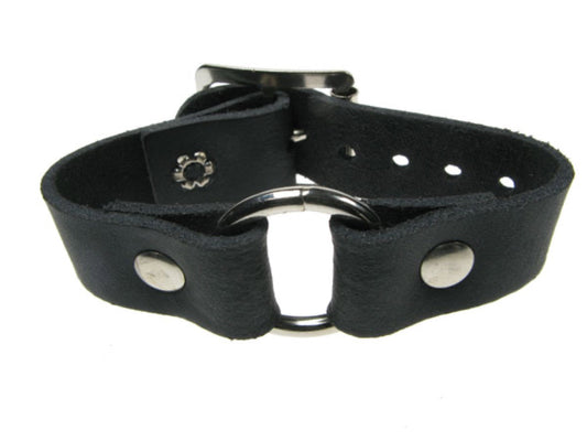 WB155 1 Row Small Ring Join Leather Wristband - Black