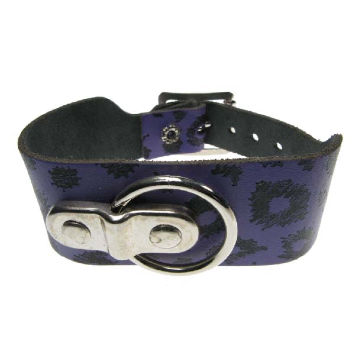 WB156B 2 Row Handle Plate and Small Wring on Leapord Print Leather Wristband - Purple