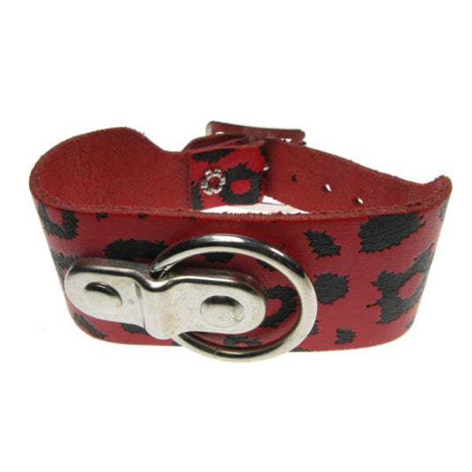 WB156C 2 Row Handle Plate and Small ring on Leapord Print Leather Wristband - Red