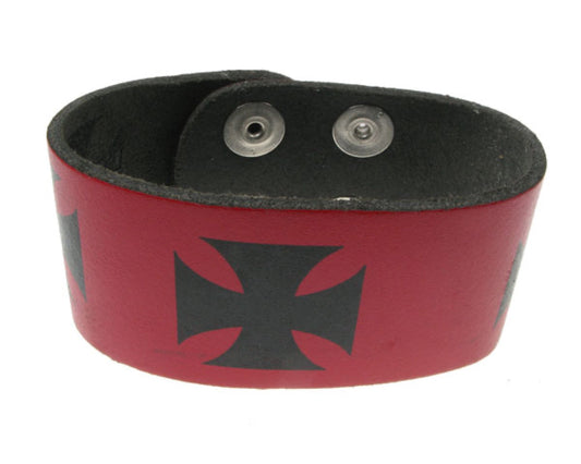 WB158 2 Row width german cross print Leather Wristband (Buttoned) - Red