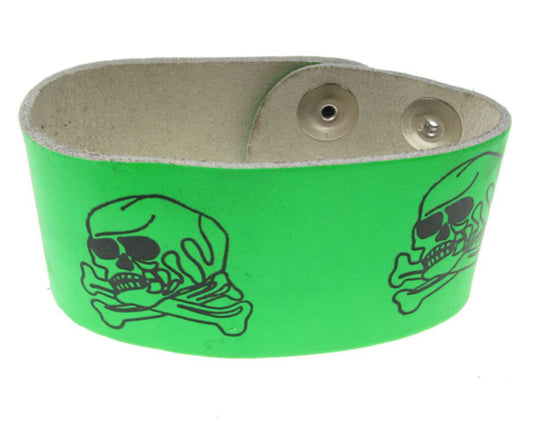 WB159 2 Row width side skull print Leather Wristband (Buttoned) - F.Green
