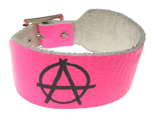 WB161 2 Row width anarchy symbol print Leather Wristband - F.Pink