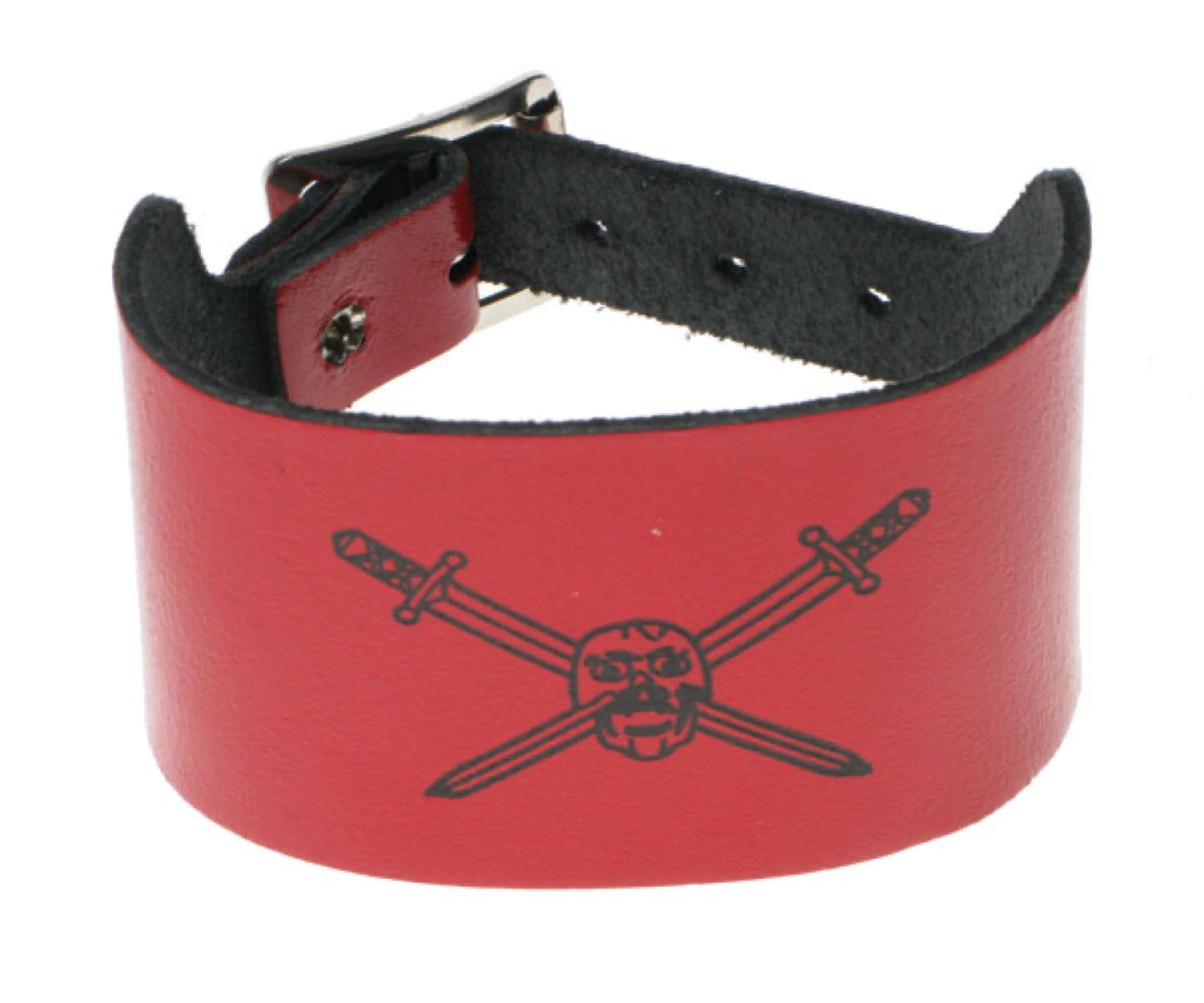 WB163 2 Row width knife, skull & cross bone print Leather Wristband - Red