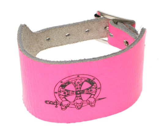 WB164 2 Row width 3 skull emblem print Leather Wristband - F.Pink