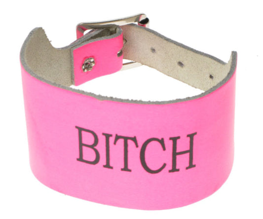WB165 2 Row width bitch print Leather Wristband - F.Pink