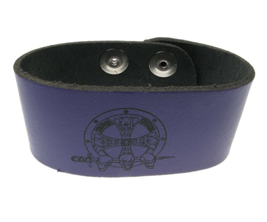 WB167 2 Row width 3 skull emblem Leather Wristband (Buttoned) - Purple