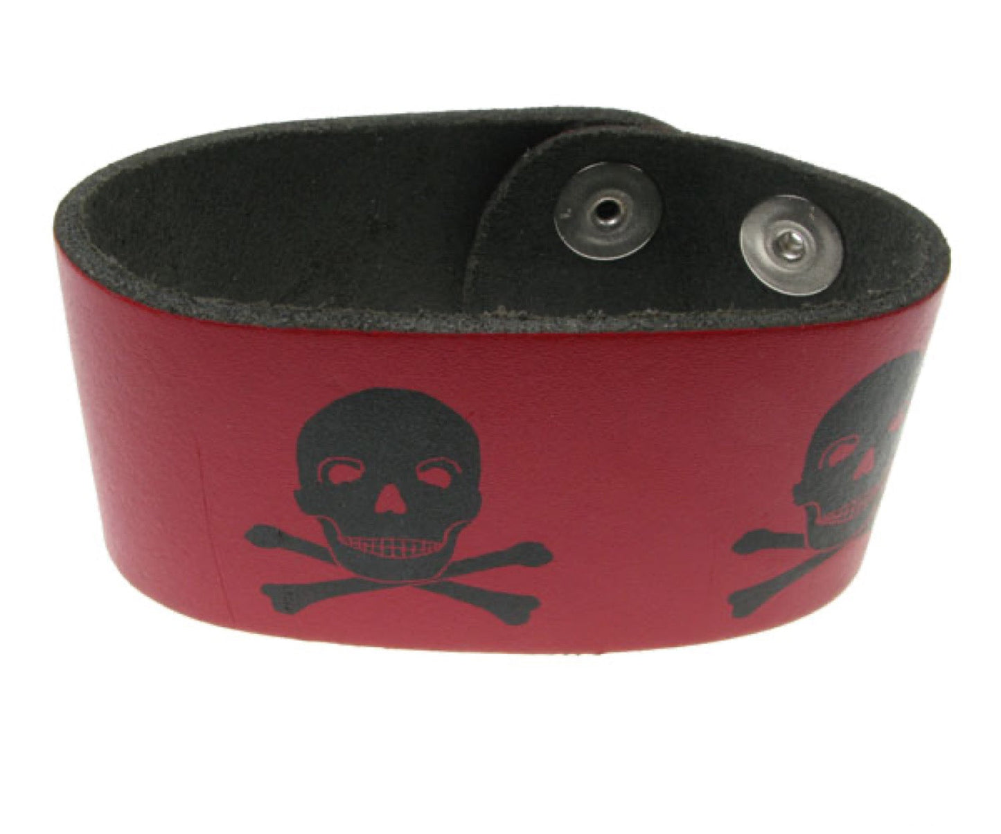 WB168 2 Row width skull & cross bone print Leather Wristband (Buttoned) - Red