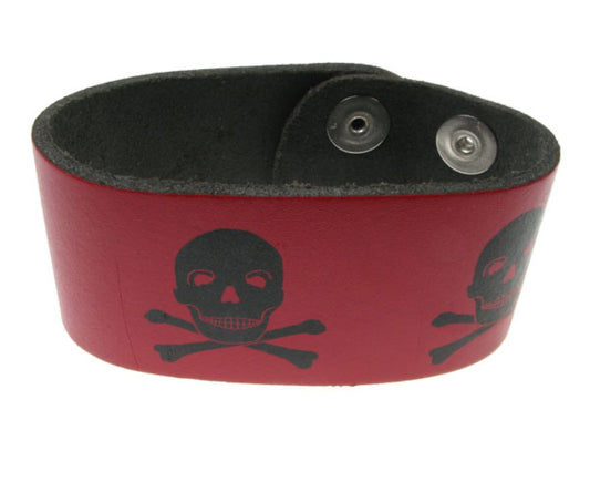 WB168 2 Row width skull & cross bone print Leather Wristband (Buttoned) - Red