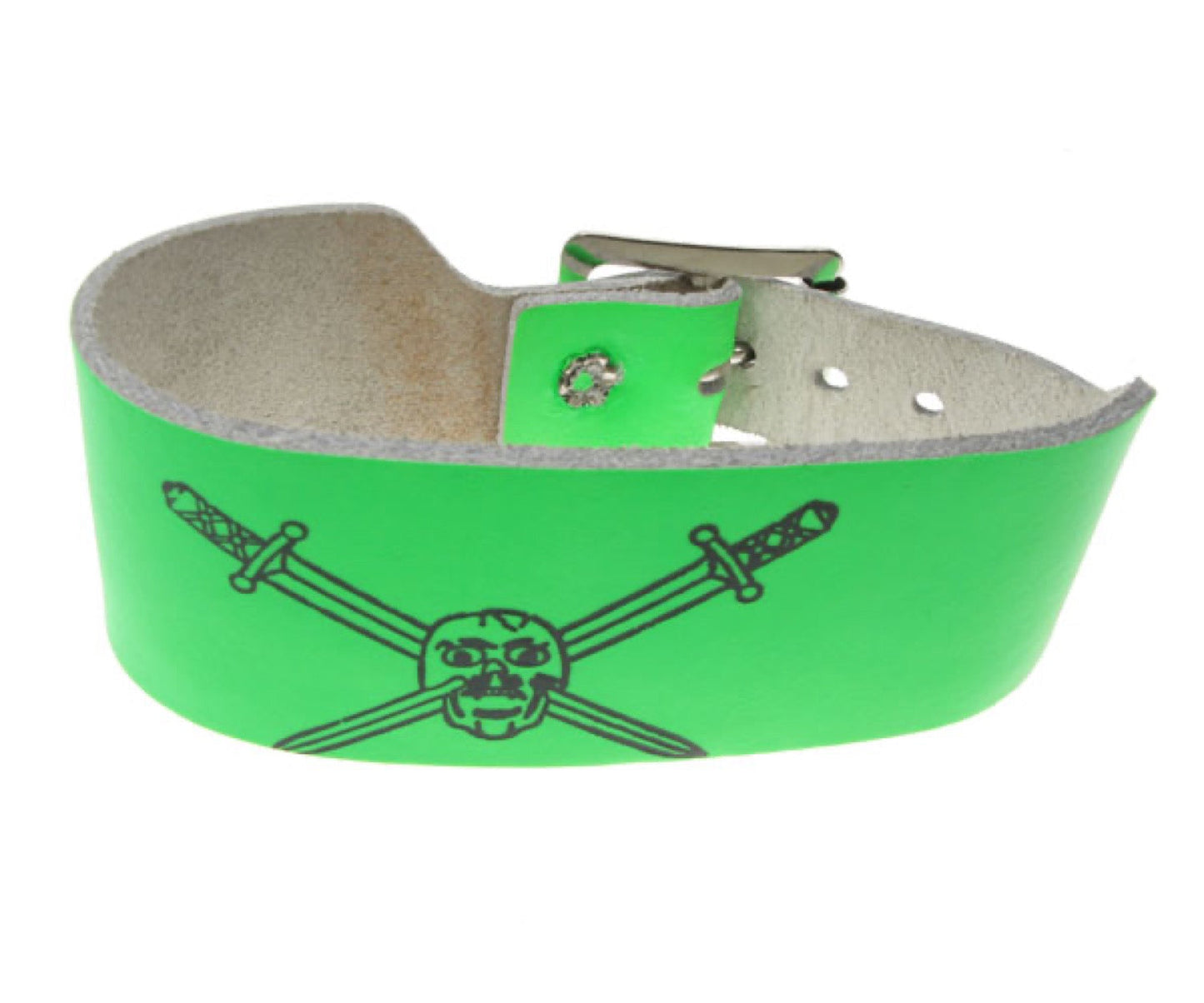 WB169 2 Row width skull & cross bone print Leather Wristband - F.Green