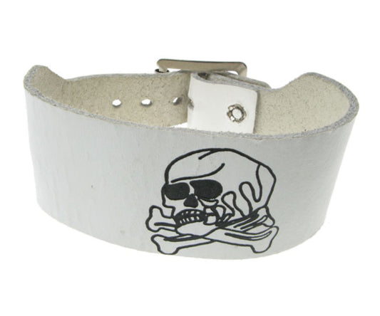 WB170 2 Row width skull & cross bone print Leather Wristband - White
