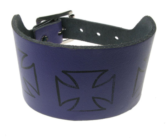 WB173 3 Row width german cross outline Leather Wristband - Purple