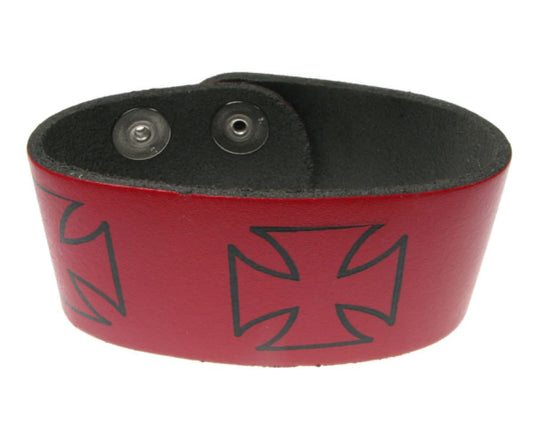 WB175 2 Row width german cross outline Leather Wristband (Buttoned) - Red