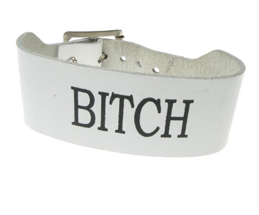 WB177 2 Row width bitch print Leather Wristband - White